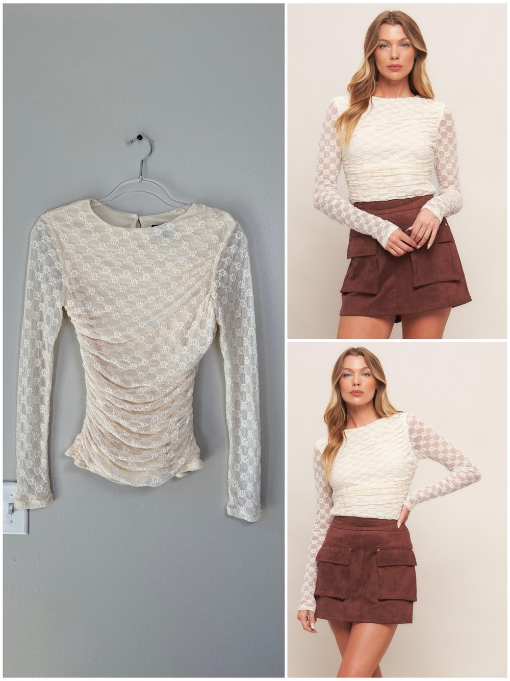 Vici Cream Lace Knit Ruched Long Sleeve Top Flirty Romantic Delicate Feminine